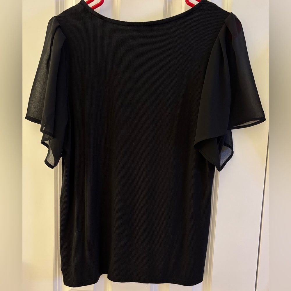 1. State Blouse Black Sheer Flutter Sleeve ribbed v-neck office to evening XL - Picture 4 of 6